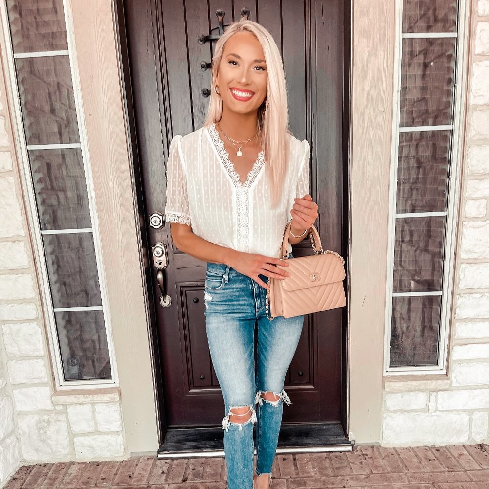 Crochet Lace Trim V-Neck Blouse White Swiss Dots